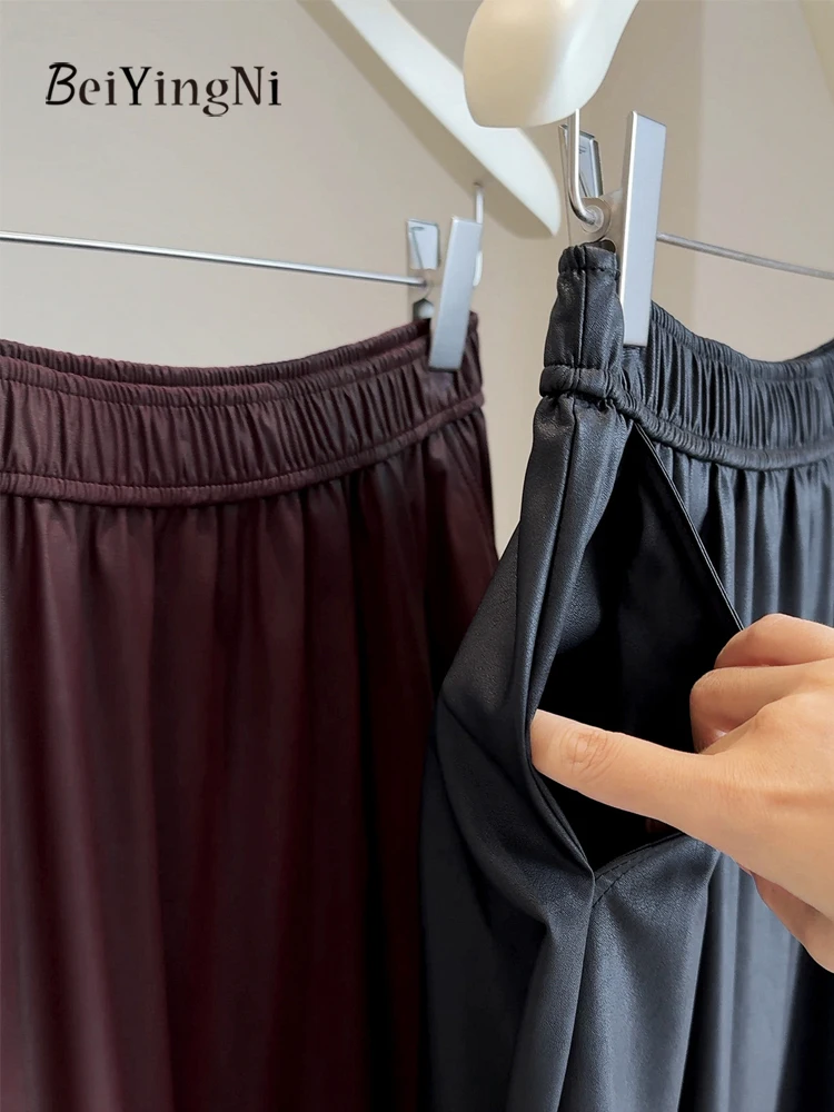 Damskie skórzane spódnice Beiyingni z wysokiej jakości skóry, jednolite kolory, rekreacyjne, jesień-zima 2025, damska spódnica w kształcie litery A z PU, łączone, codzienne faldas