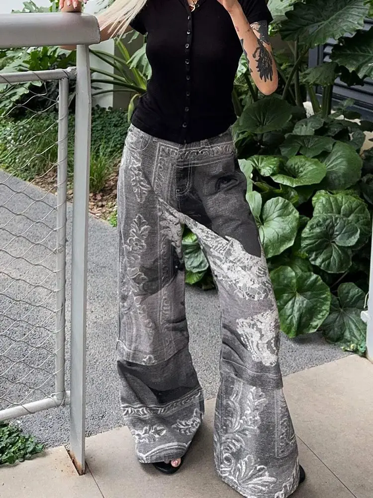 女性のグレープリントジーンズカーゴだぶだぶ Y2K 日本原宿ハイストリート美的ヴィンテージ 2000S カジュアルパンツジーンズ服新しい