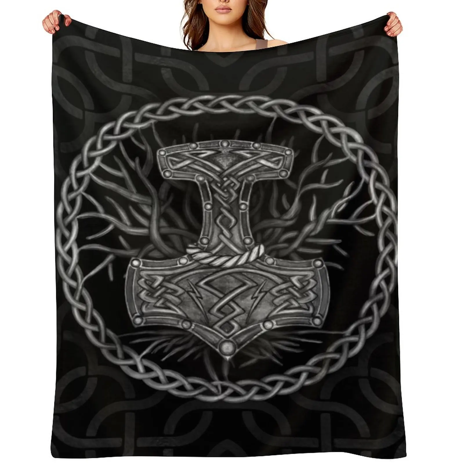 Mjolnir - The hammer of Thor and Tree of life Throw Blanket Luxury Designer anime Winter beds Hairys Blankets