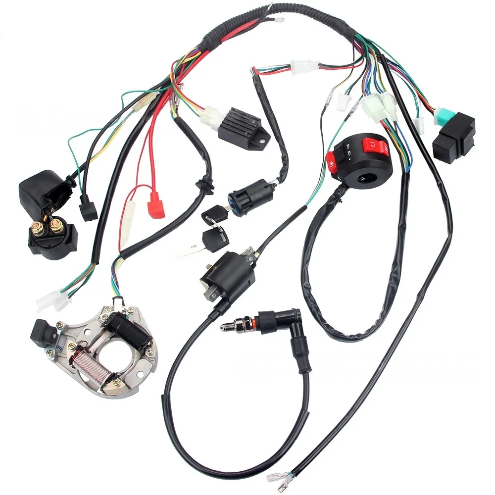 Ignition Coil Wiring Harness CDI Spark Plug Rectifier Solenoid Key Switch Kit for 70 90 110 125cc 4 Stroke Electric Start Quads