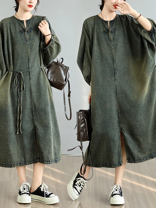 Retro Loose Fit Long Sleeve Denim Dress mid Length plus Size Women Casual Style A-Line Skirt Spring Autumn Season Citywalk