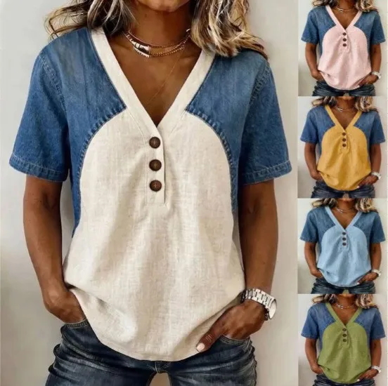Women Short Sleeve T Shirt V Neck Drop Shoulder Tee Loose Fit Denim Patchwork Button Front Raglan Sleeve Casual Top