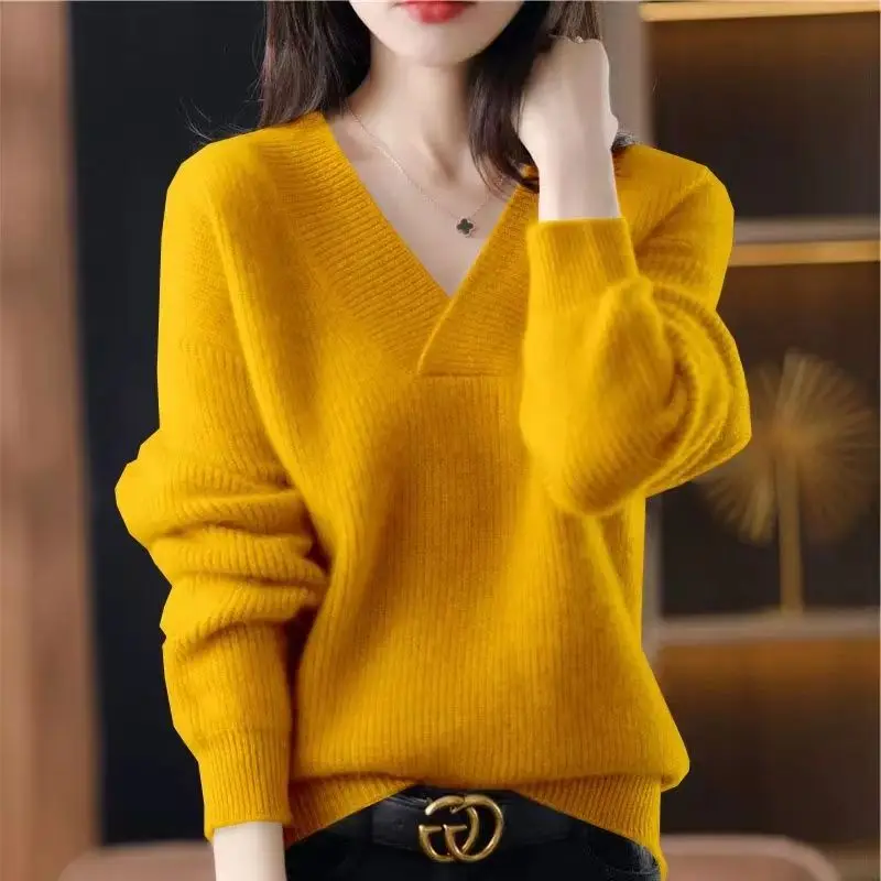 New Autumn and Winter Women Trendy V Neck Long Sleeve Soft Basic Knitted Sweater Female Solid Loose Pullover Tops Casual Jumpers