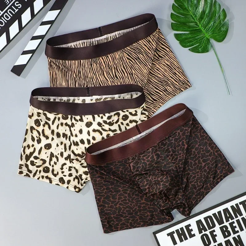 

Cool Men Ice Silk Briefs Leopard Print Black Silk Sexy Mid-waist Boxer Shorts Breathable Boy Plus Size Shorts Comfort Panties