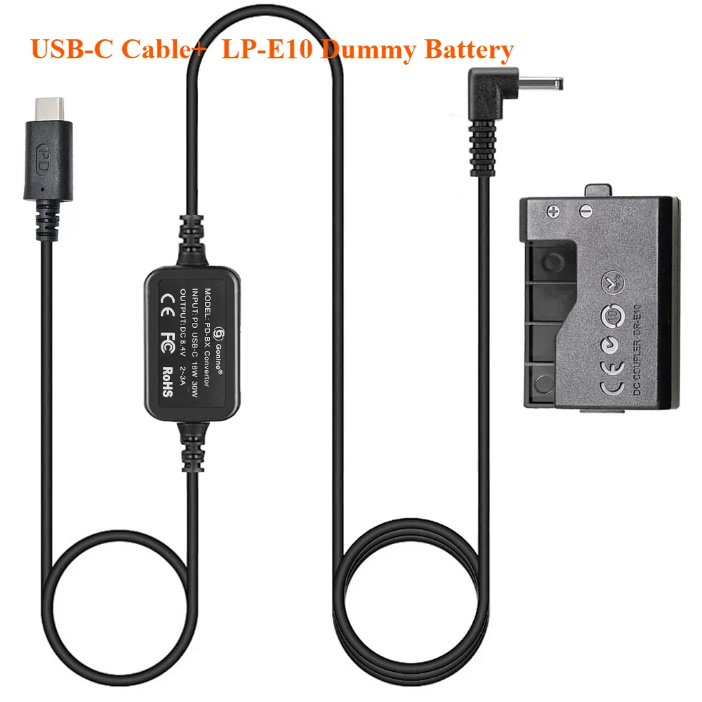 USB-C DR-E10 DC Coupler LP-E10 Dummy Battery for Canon EOS Rebel T3,T5,T6,EOS 1100D,1200D,1300D,Kiss X80 Cameras DSLR Camera