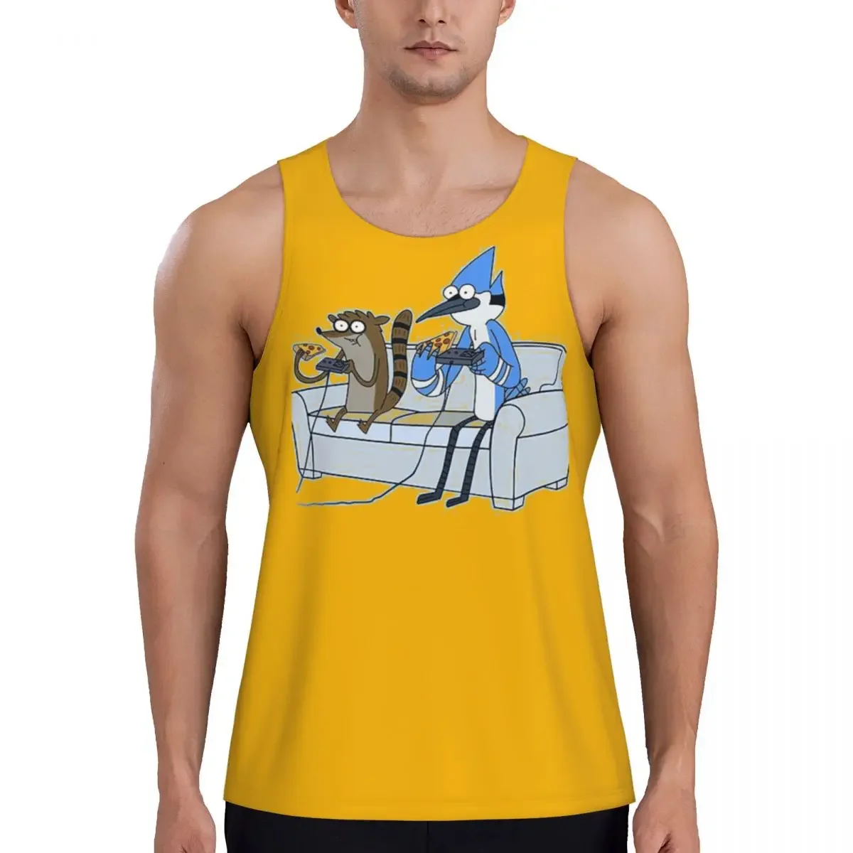 Mordecai And Rigby Pizza And Video Games Gym Tank Bodybuilding Vest Fitness Sleeveless Tops Quick Men Workout Sports Clothing