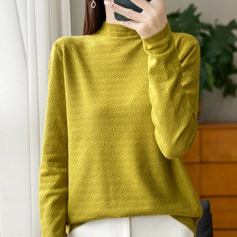 

Autumn Winter Women Fine Wool Sweater Mock Collar Diamond Jacquard Pullover Long Sleeve Knitwear Clothing Basic Tops Versatile