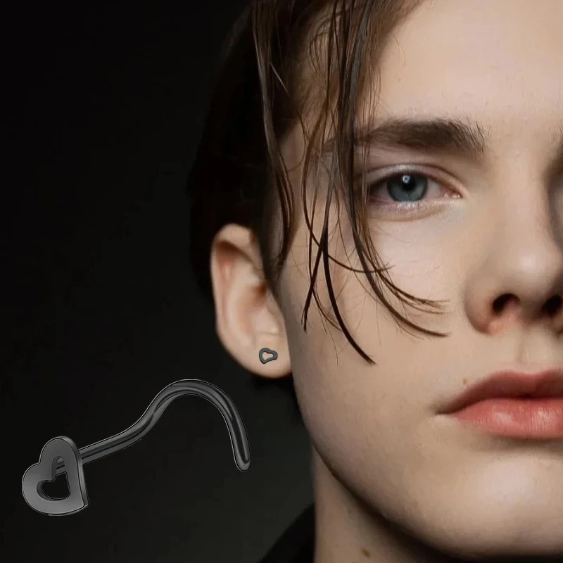 1PC Hollow Stainless Steel Heart Nose Studs Nose Hooks Bone Studs S Curved Nostril Body Piercing Multicolor Nose Rings Jewelry