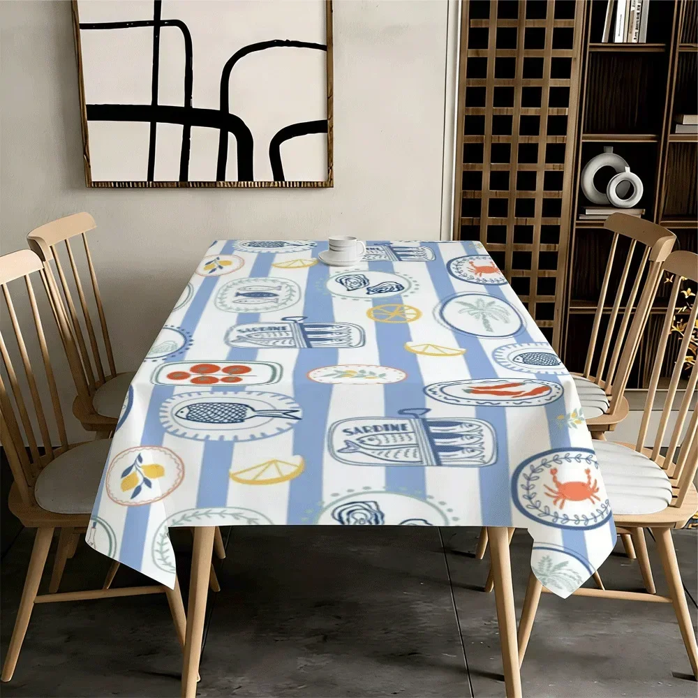 A rectangular tablecloth with a seafood pattern and blue and white stripes, perfect for the kitchen.yzb