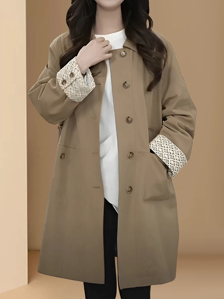 Khaki Casual Style Women's Long Coat Loose Design Korean Version Spring Autumn Winter Outerwear Windbreaker Jacket
