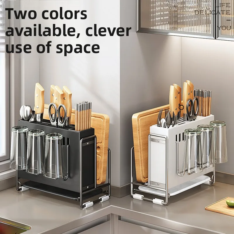 Countertop All-In-One Kitchen Knife Holder Cutting Board Rack Shelf Pull-Out Drip Tray Chopstick Storage Organizer No-Install