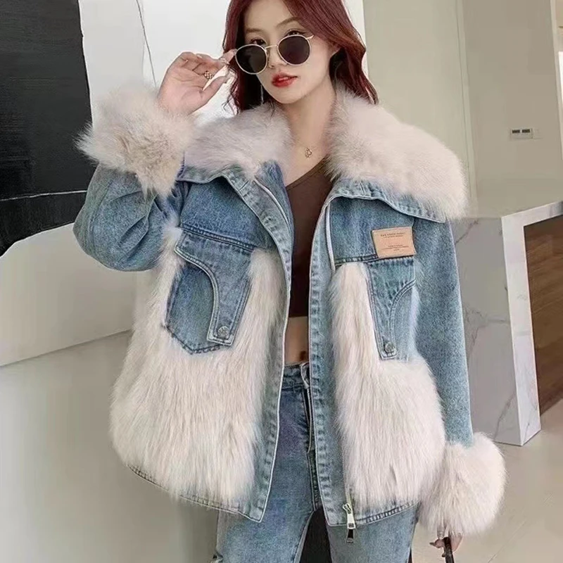 2024 Winter Warm Loose Denim Jacket Women Oversized Fur Collar Plus Velvet Padded Jacket Vintage Cotton Thick Warm Jean Outwear