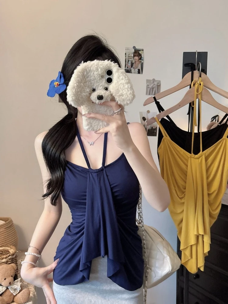 Women's Sexy Halter Top Y2K Asymmetric Sling Tank Summer New Mesh Ruched Slim Fit Vest Tummy Control Casual Camisole