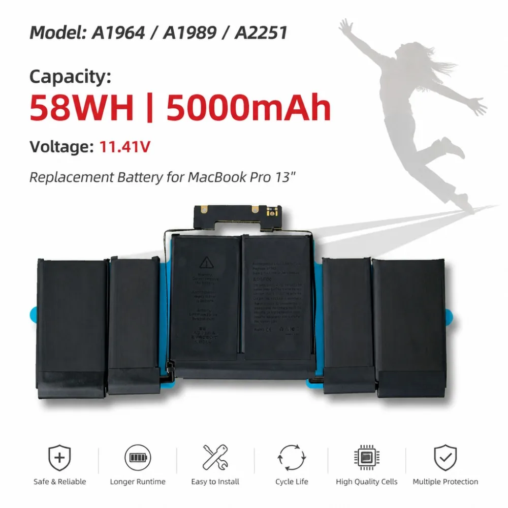 58Wh 5000mAh Replacement Battery A1964 A1989 A2251 for MacBook Pro 13 Inch 2018 2019 2020 Touch Bar EMC 3214 3358 3348 Laptop