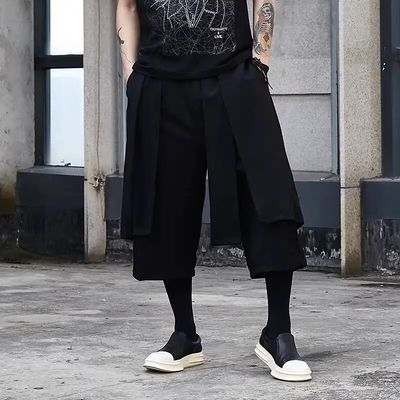 

Original Men's Casual Pants Minimalist Faux Two-Piece Dark Loose Wide-Leg Culottes For Men, Ascetic Style Cropped Casual Pants