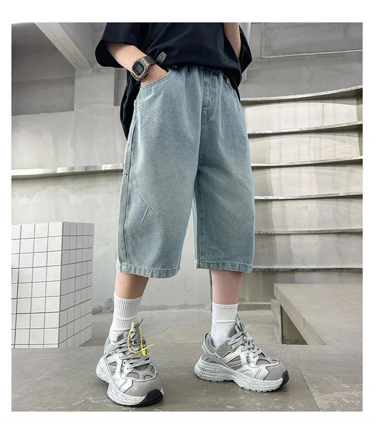 New Summer Kids Loose Straight Jeans letter Five-Quarter Pants for Teenage Boys Casual Mid-Calf Denim Shorts for Tweens Child
