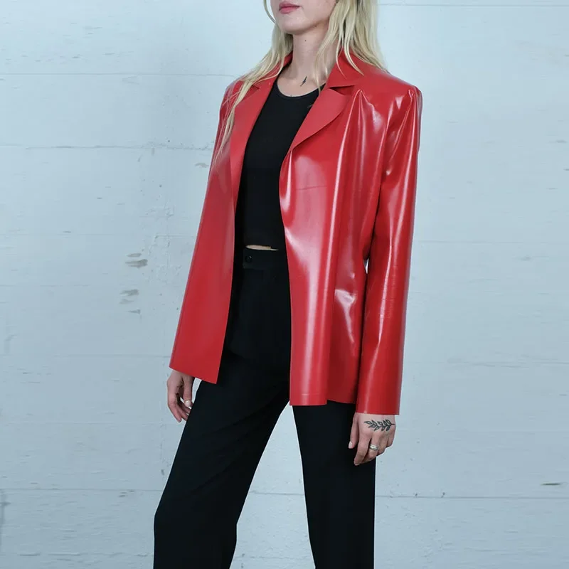 Women Shiny Patent Leather Blazer Coat Ladies Long Sleeve Lapel Faux Pu Leather Jacket High Street Moto Trench Coat New Custom