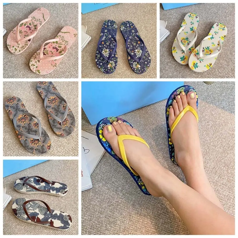 

Портативные мягкие шлепанцы с цветочным принтом, пляжные шлепанцы из ПВХ с защитой от скольжения, тайский стиль, утолщенные женские тапочки с цветами, летние.