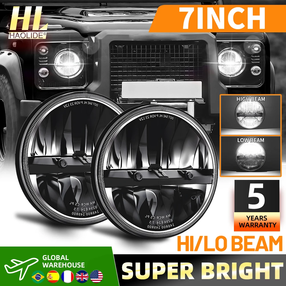 Image of HAOLIDE 7 Zoll LED-Scheinwerfer Rund Fern-/Abblendlicht Passend für Wrangler JK TJ LJ CJ mit H4 H13 Adapter 12V 24V