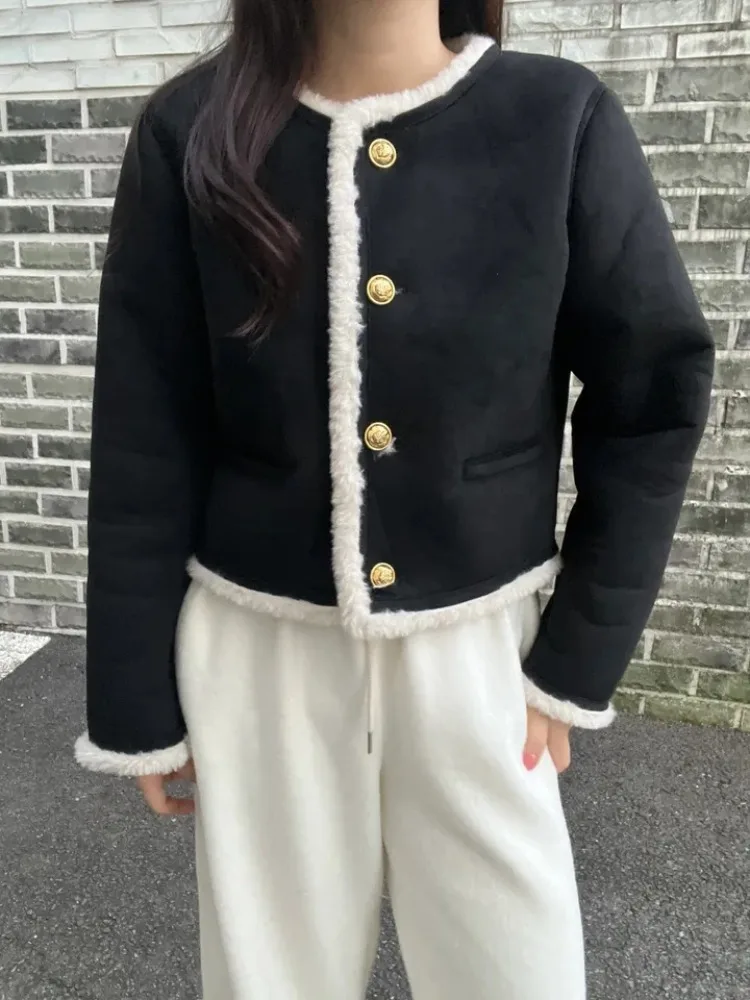 Inverno novo sle ort pele de cordeiro jaet feminino faionable único botão couro e pele entrançado casaco versátil coreano sle