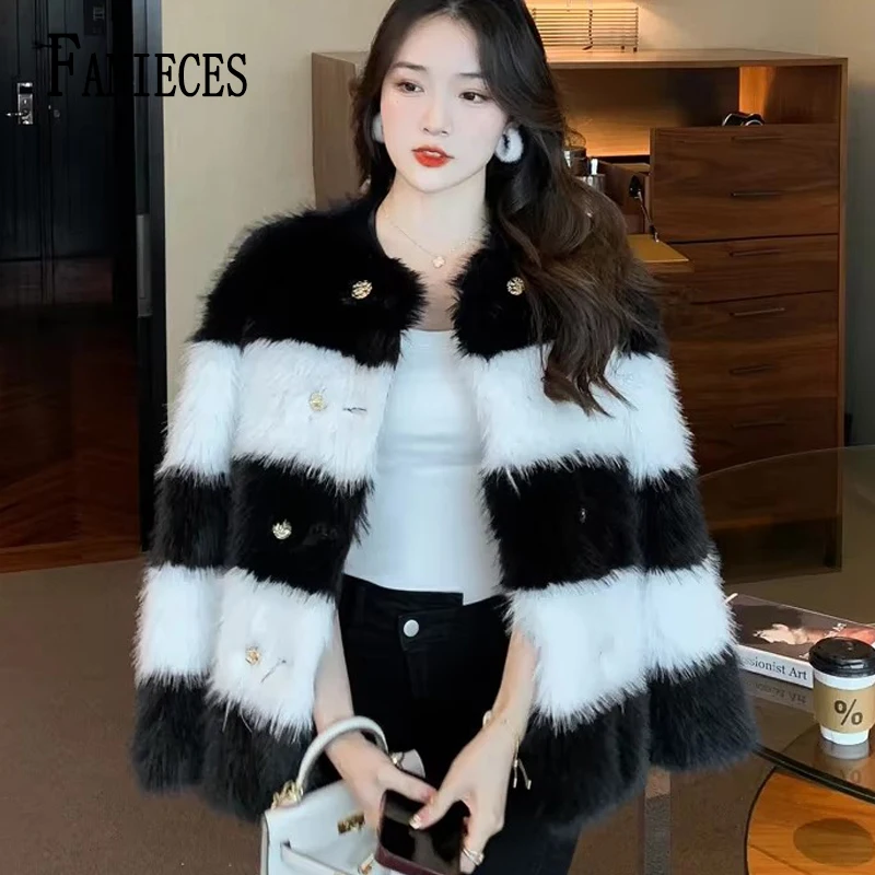 

FANIECES пальто женское Faux Fur Coat Women Elegant Black White Striped Artificial Fur Jackets Button Overcoat Streetwear шуба