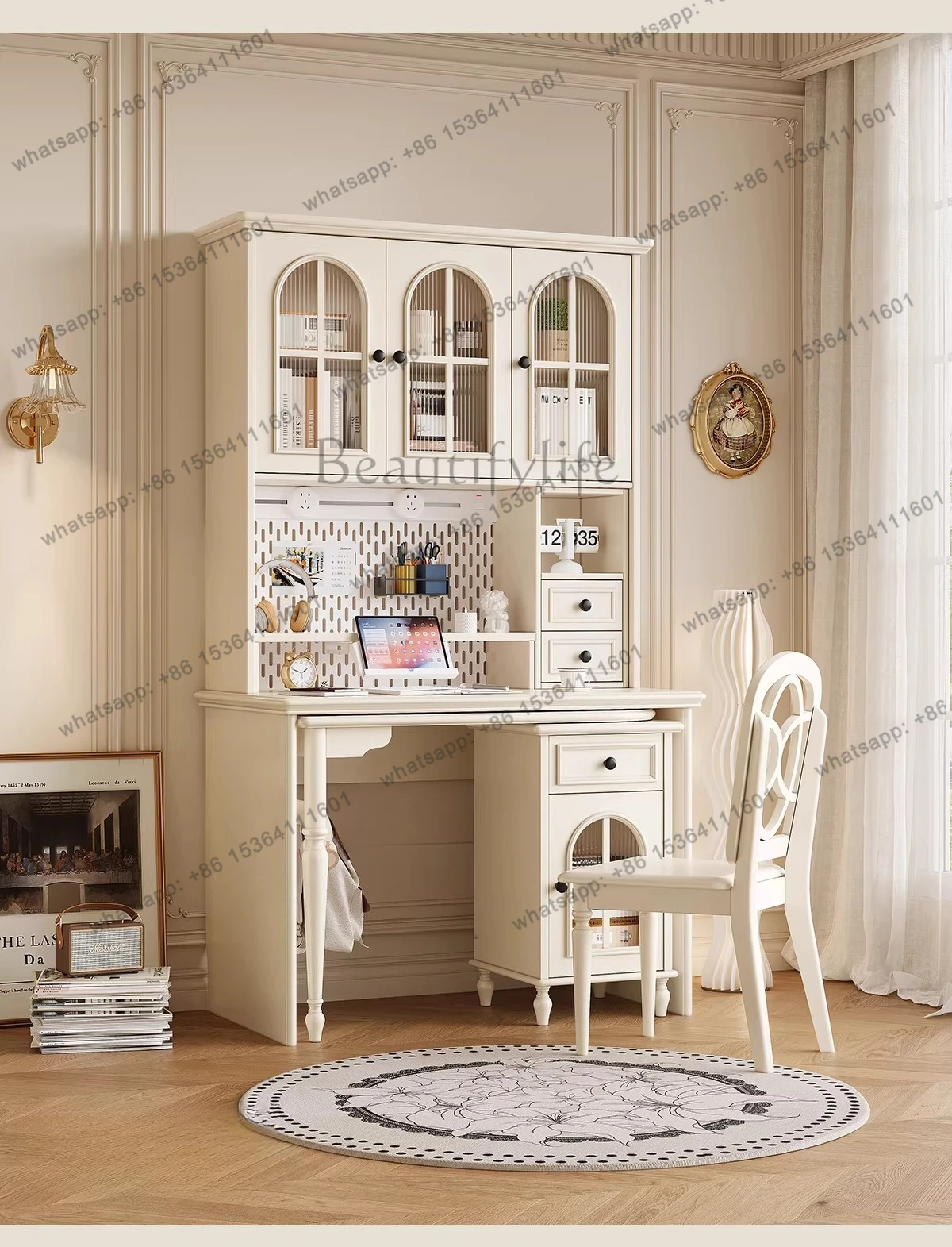 French Cream Wind Solid Wood Desk with Bookcase Household Corner Advanced Sensory Learning Computer Desk