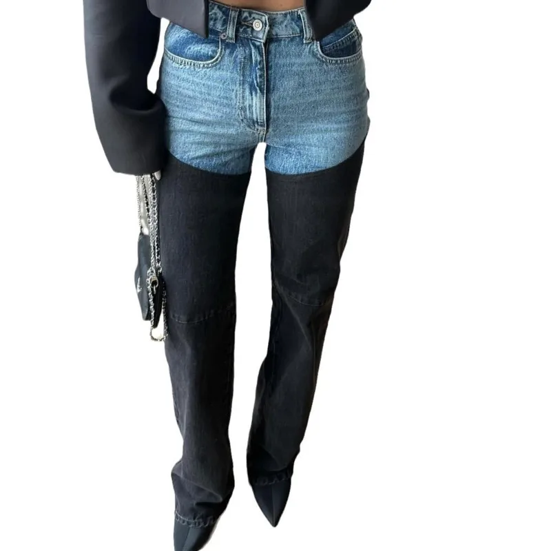 ANJY 2025 Wiosna Jesień Nowe Damskie Modne Jeansy Proste z Blokami Kolorów i Patchworkiem, Styl Uliczny, Casualowe, Postarzane Spodnie Denimowe A15988