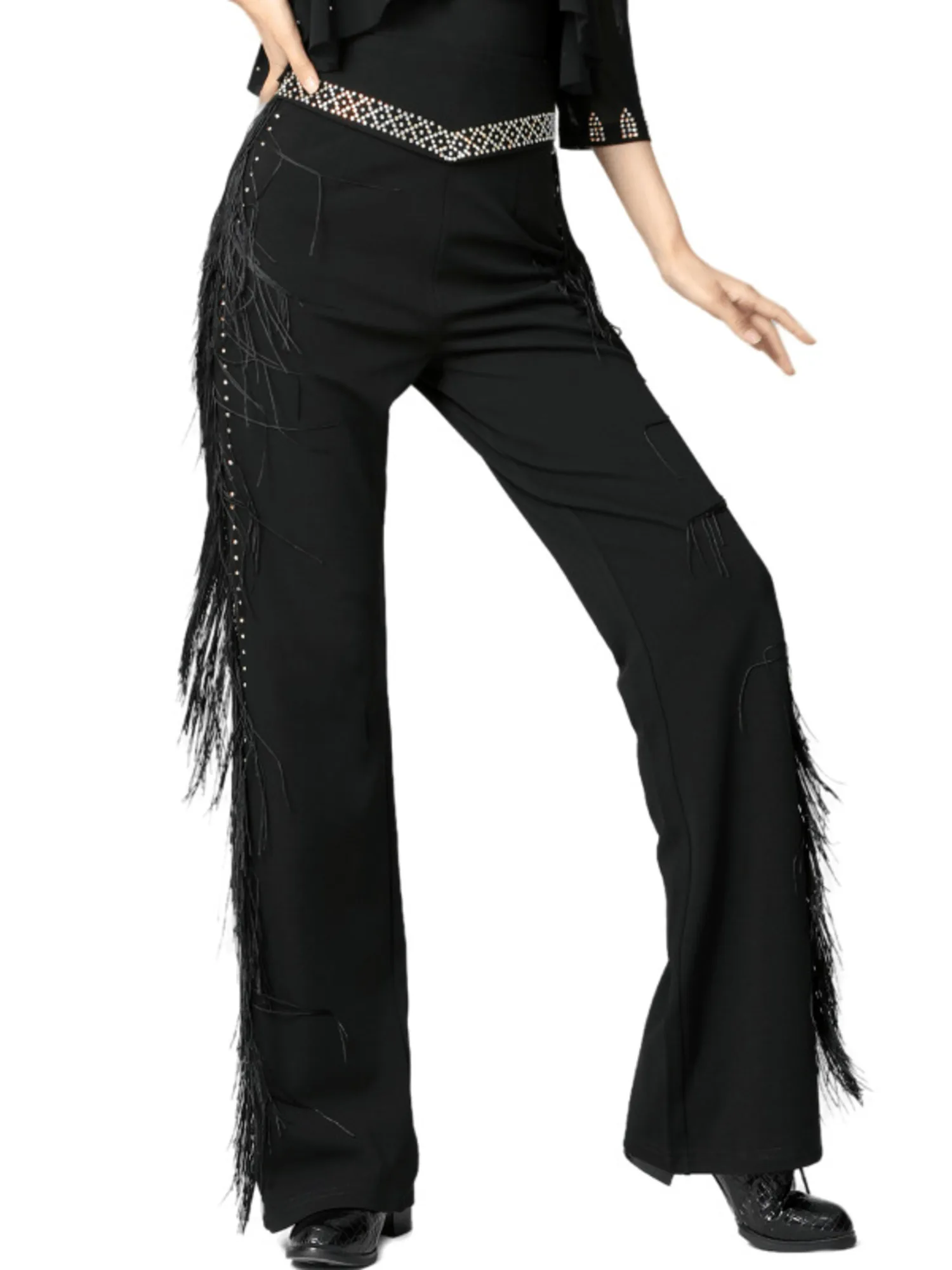Pantalon de danse à franges en strass taille haute – Pantalon de performance latine scintillant pour spectacles sur scène et de salle de bal