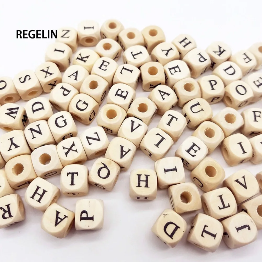 10mm 100pcs Square Natural Wooden Alphabet Beads A-Z 0-9 Letter beads for bracelets Spacer Baby Smooth Teether Jewelry Pacifier