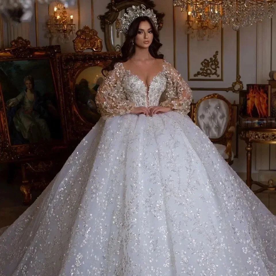 

Customize Classic Ball Gown Illusion Puffy Long Sleeves WeddingDresses Glitter Sequined Appliques Bride Gowns Vestidos De Noiva