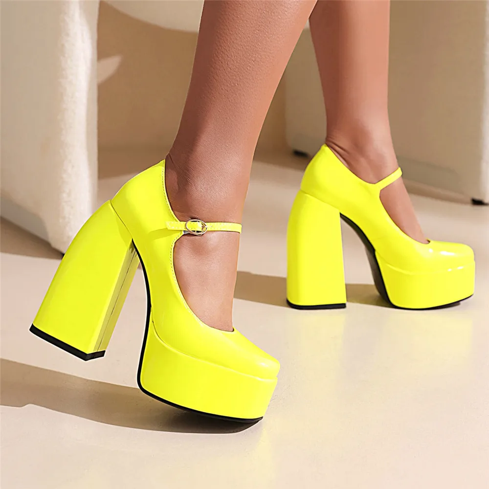 MILI-MIYA Fashion Super High Thick Heels Women Patent Leather Pumps Platform Buckle Strap Square Toe Plus Size 34-43 Handmade