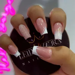 24 Uds uñas postizas cuadradas largas cubierta completa francesa Simple prensa en uñas uñas postizas usables con diseño de polvo brillante puntas de uñas