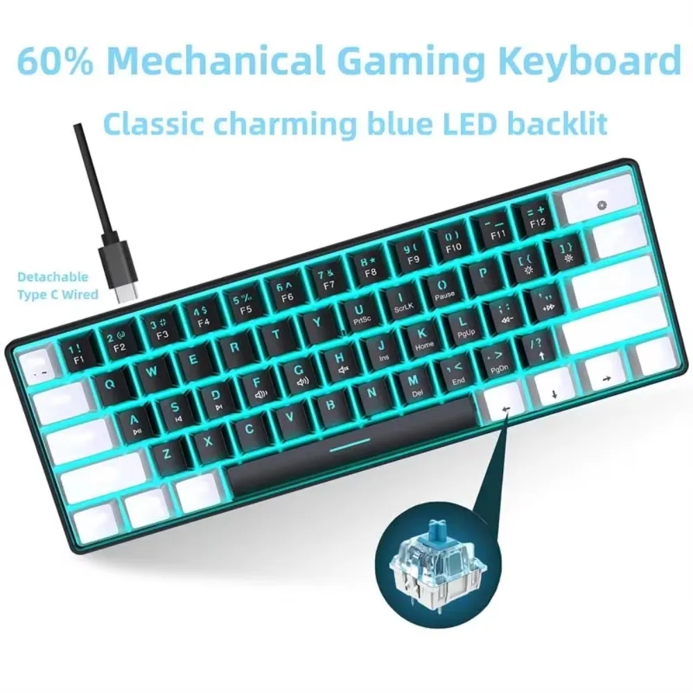 Wired Mechanical Keyboard 61 Keys Blue Switch Type C Full N Key Rollover Ice Blue Light Compact Gaming Office Keyboard for PC
