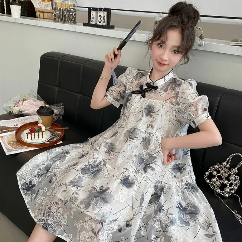 

Платье в китайском стиле для девочек, детское платье Cheongsam с короткими рукавами в стиле ретро, летняя модная детская милая юбка в китайском стиле