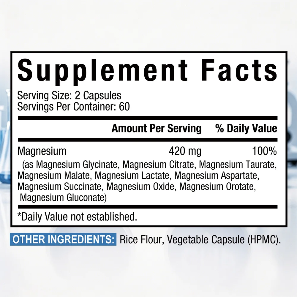 10 in 1 Magnesium Complex Capsules - 420mg Elemental Magnesium, Chelated Magnesium Supplement for Nerves, Bone & Heart Health