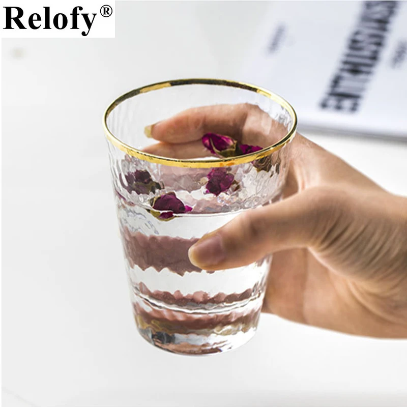 300-430ml Golden Edge Hammer Pattern Transparent Glass Household Water Cup Set Milk Cup Tea Cup Net Red Girl Ins Wine Glass