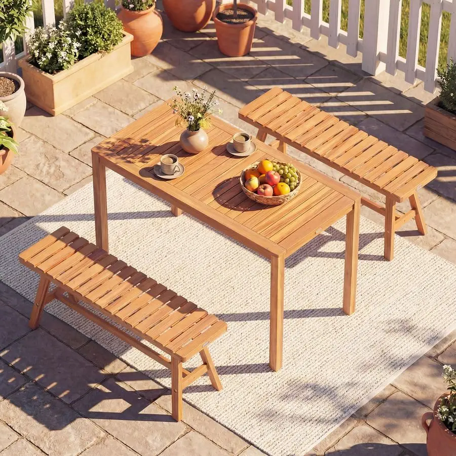3 Pieces Acacia Wood Patio Dining Set, Outdoor Rectangular Table and Benches with Slatted Seats, SpaceSaving Outside Furniture S