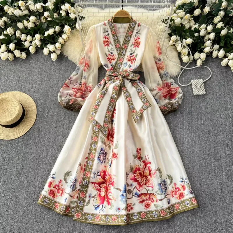 Vintage Floral Bandage Wrap Dress Women V Neck Long Lantern Sleeve Bow Tie Pocket Maxi Robe Elegant Runway Style Evening
