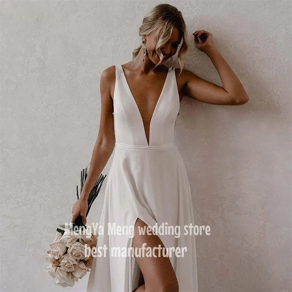 ZHUISHU 2025 Vintage Wedding Dresses Sexy V neck High Slit Pleat Spaghetti Strap Brides Dress Simple Floor-Length Wedding Gown
