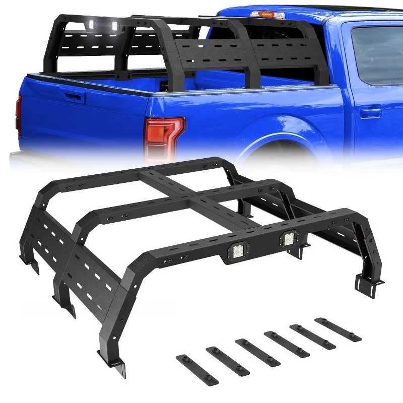 Universal High Overland Truck Bed Racks Pickup Trucks Iron And Steel Roof Mount Cargo Carrier With 2 Led Lights