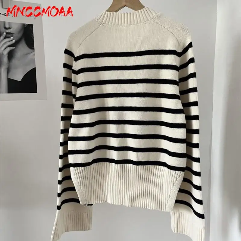 MNCCMOAA 2023 High Quality Women Fashion Round Neck Striped Knitted Sweater Female Causal Long Sleeve Tops Pullover