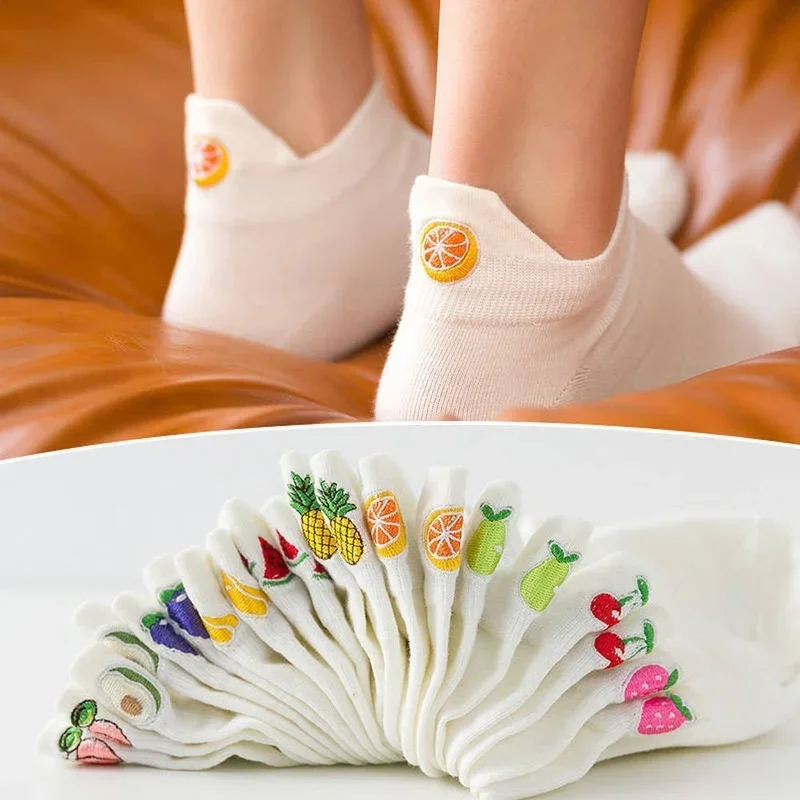 

Casual Solid White Socks Women Embroidery Fruits Avocado Strawberry Watermelon Banana Short Socks Summer Harajuku Ankle Socks