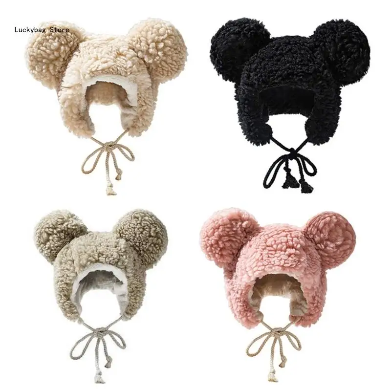 

lei Feng Hat Lamb Wool Plush Hat Outdoor Trend Bear Ear for Solid Color Casual Winter Warm Hat Autumn Winter