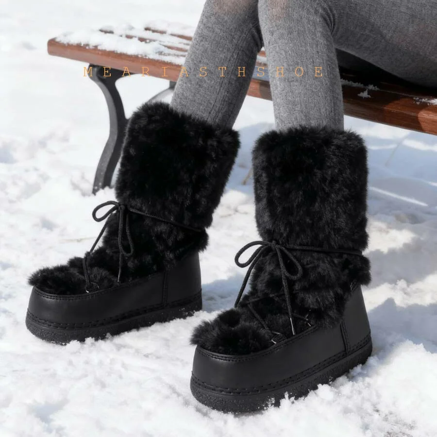 white Winter Snow Boots Fur Boots Women Fluffy Fuzzy rabbit hair Fur Boots Middle Calf Platform White Furry Boots size 35-40 view 4