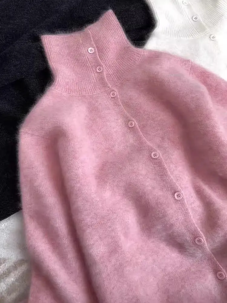 

Winter Thiened Loose Warm High Collar Knitted Sweater Women's Faion Set Casual Sle Pink Comfortable Breathable Top