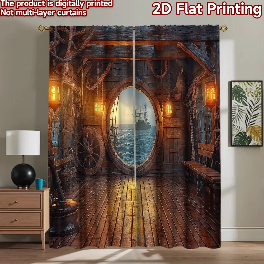 2D flat 2pcs Curtain Modern Minimalist Style Sailing Ship Porthole View Durable polyester fiber Holiday Decorations for Indoor