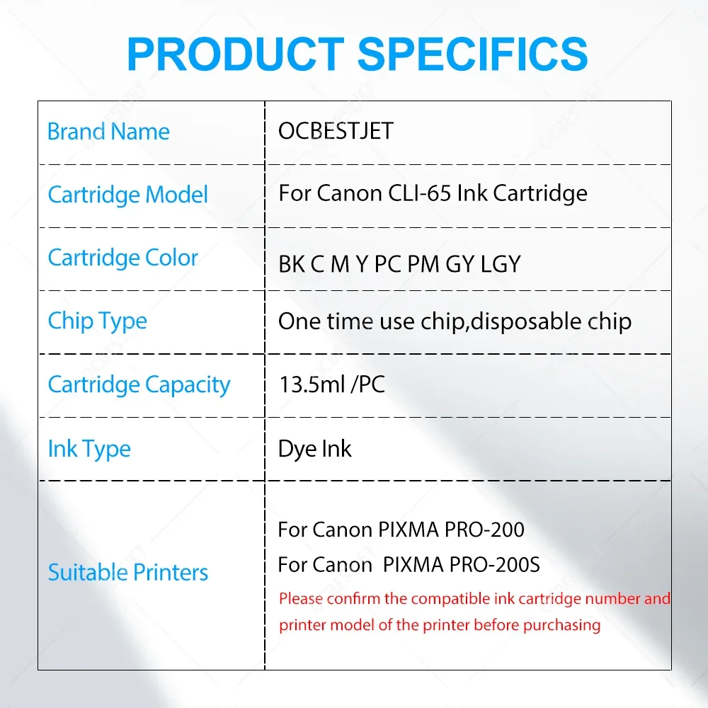 For Canon CLI 65 CLI-65 Ink Cartridges for Canon PIXMA PRO200 PRO200S PRO-200 Printer Dye Ink 1SET 8 Color Compatible Ink