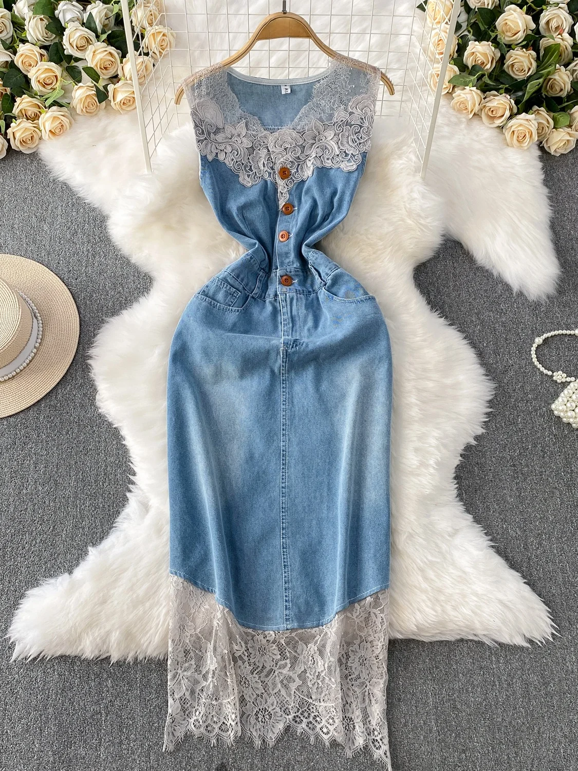 Amerykańska retro spódnica dżinsowa z koronkowymi wstawkami, dekolt w serek, wysoki stan, wyszczuplająca, długa, idealna na lato, do pracy.