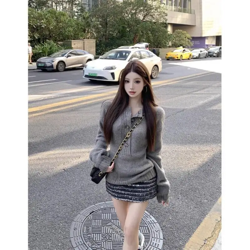 

Серый женский свитер с длинными рукавами в стиле ретро, осень-зима 2021, новый стиль, ленивый тонкий пуловер, свитер, универсальные топы