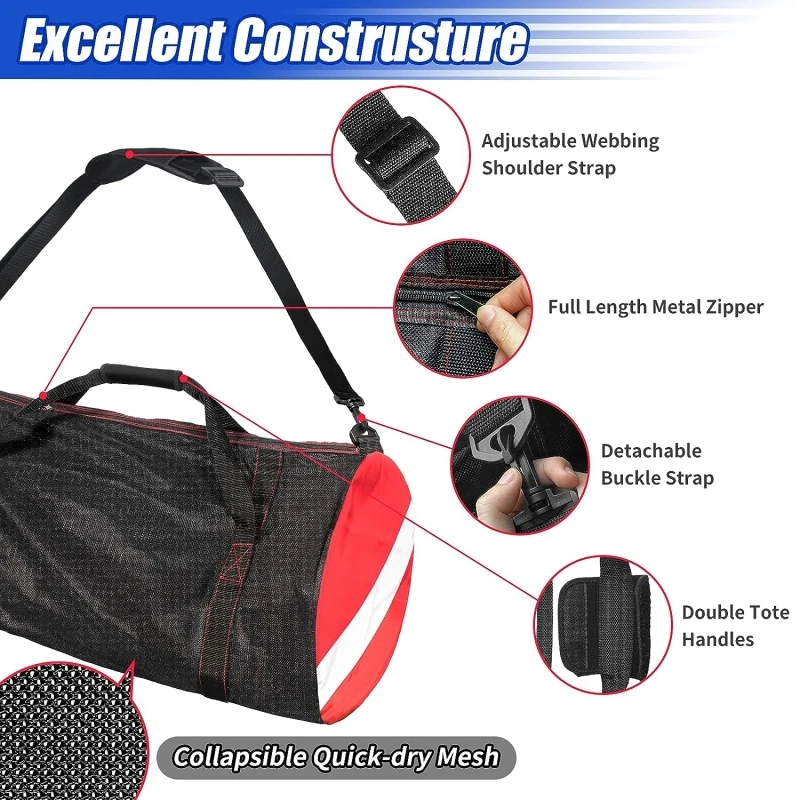 Bolsa de lona deportiva de malla extragrande para buceo y playa, bolso de mano con correa para el hombro para gimnasio, entrenamiento, equipo de buceo y esnórquel